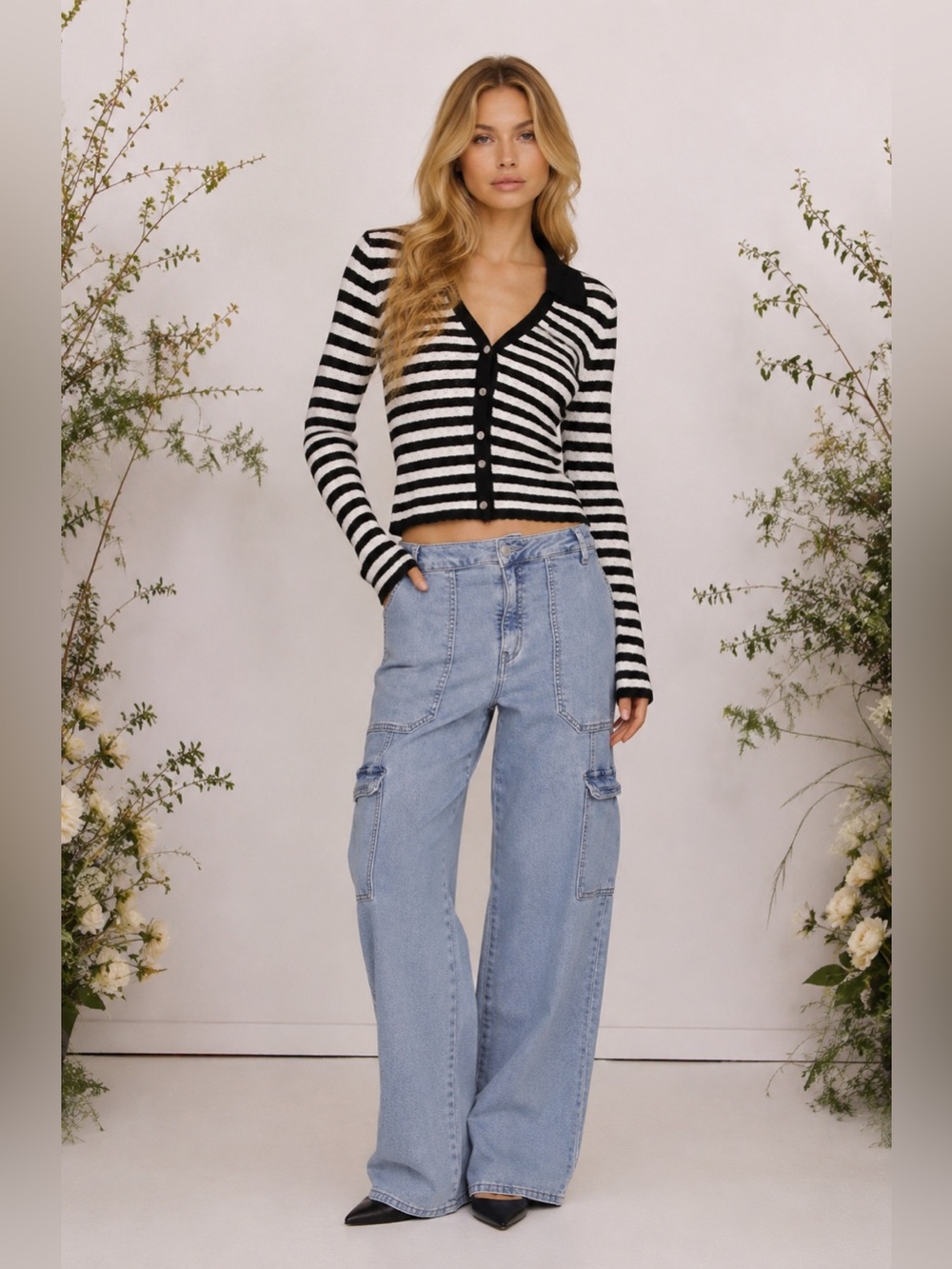 Accept Les filled striped pointelle polo cardigan